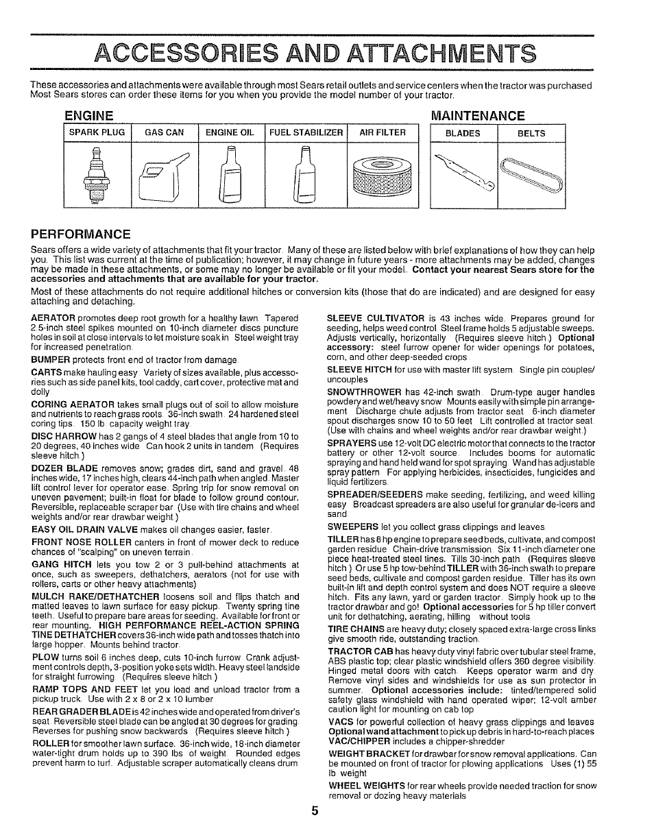 Engine, Maintenance, Performance | Accessories and attachments | Sears 917.250551 User Manual | Page 5 / 60