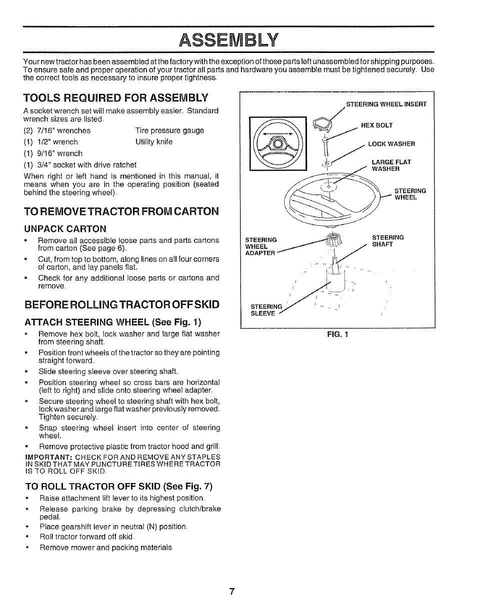 Tools required for assembly, To remove tractor from carton, Unpack carton | Before rolling tractor offskid, Attach steering wheel (see fig. 1), To roll tractor off skid (see fig. 7), Assembly | Sears 917.250551 User Manual | Page 7 / 60