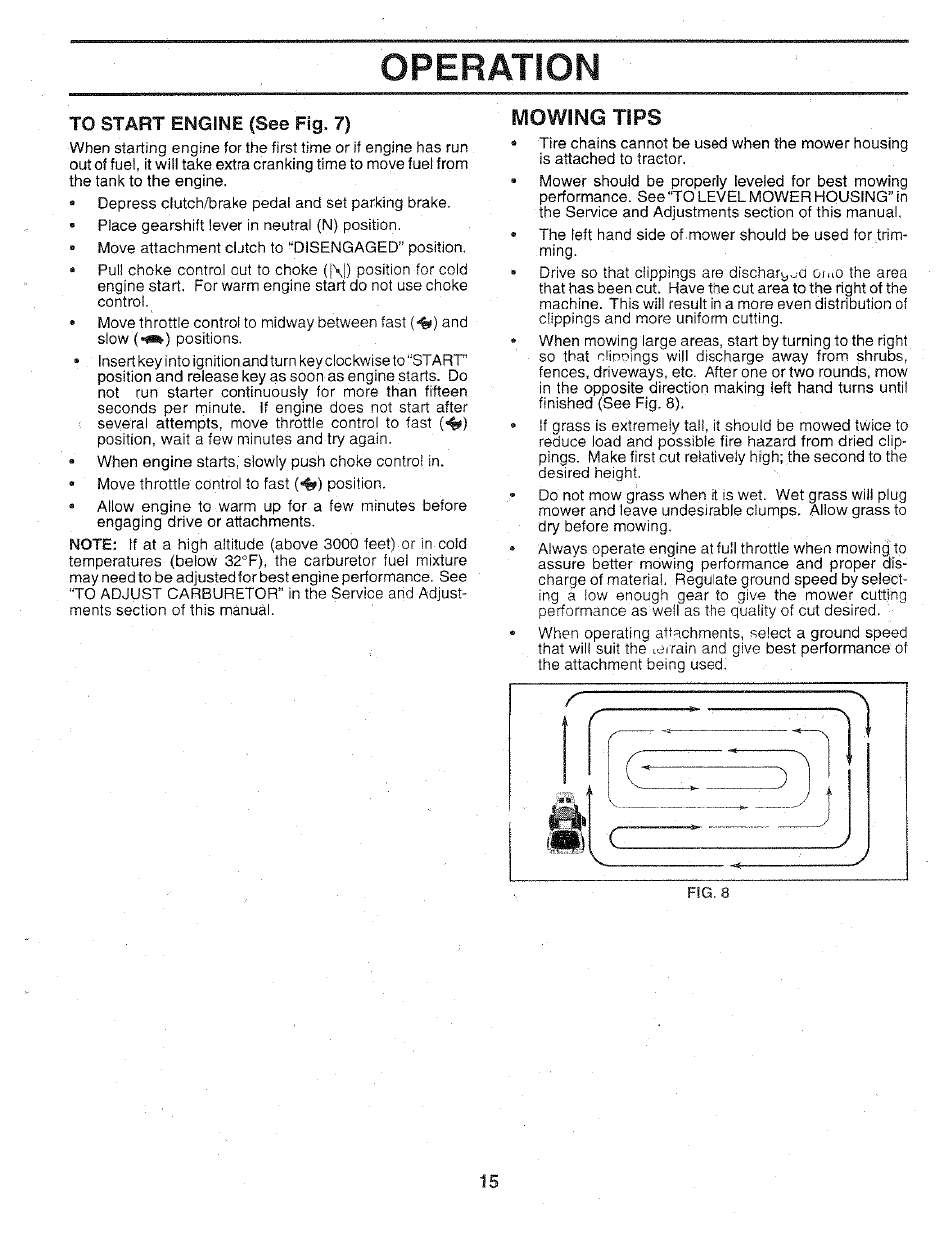 Operation, Mowing tips | Sears 917.25147 User Manual | Page 15 / 56