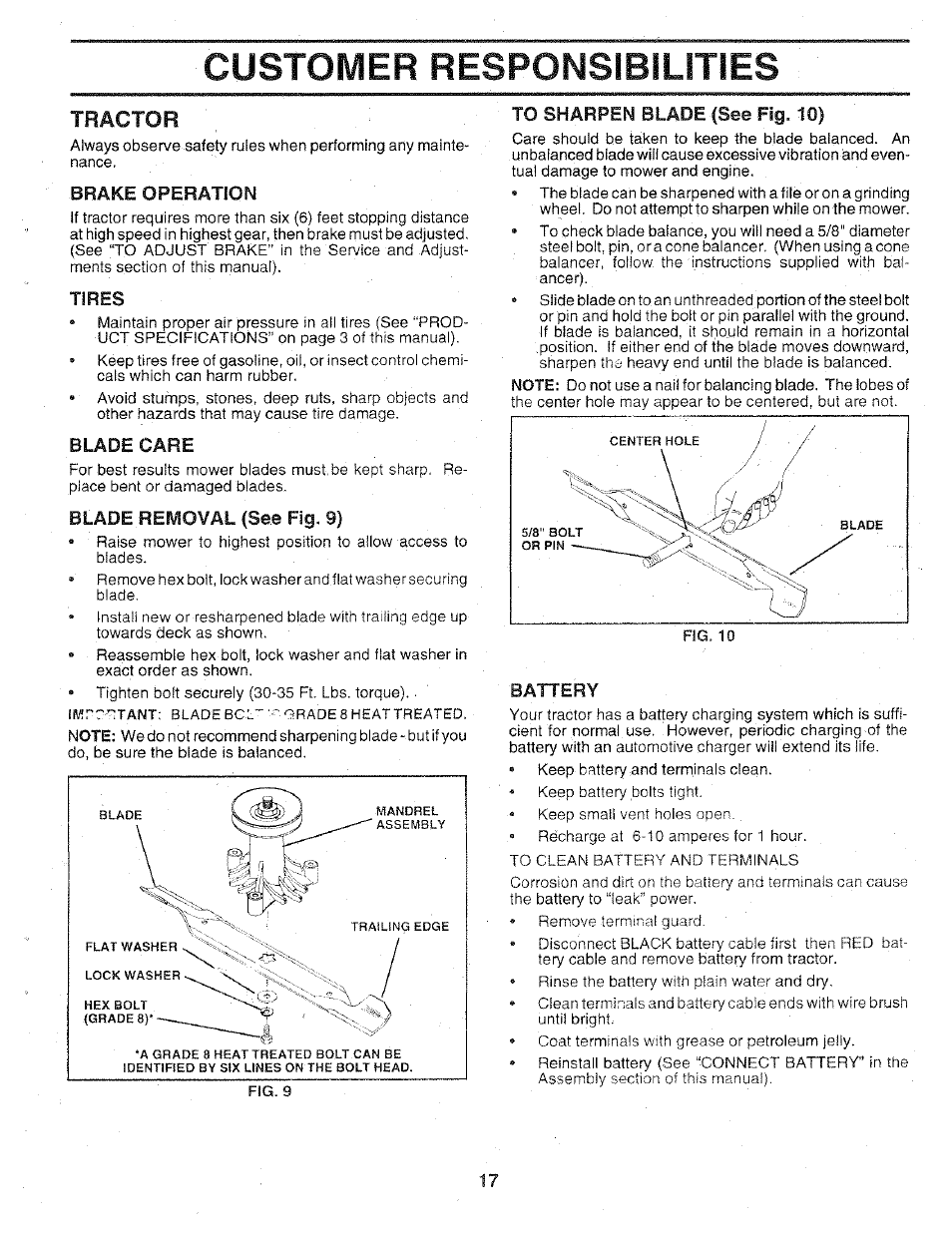 Tractor, Brake operation, Tires | Blade care, Blade removal (see fig. 9), To sharpen blade (see fig. 10), Battery, Customer responsibilities | Sears 917.25147 User Manual | Page 17 / 56