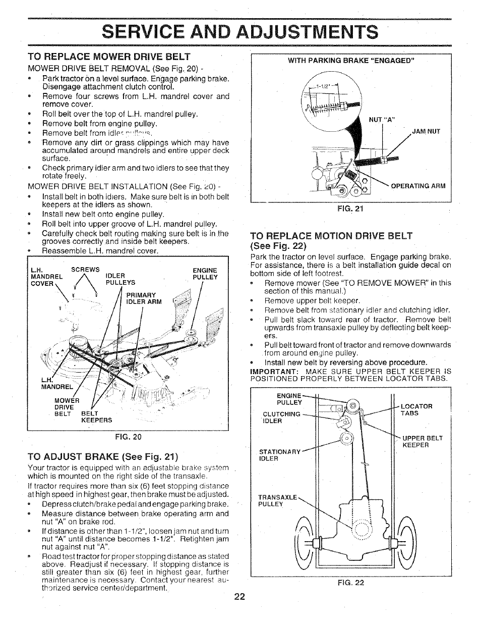 To replace mo.tion drive belt (see fig. 22), Service and adjustments | Sears 917.25147 User Manual | Page 22 / 56