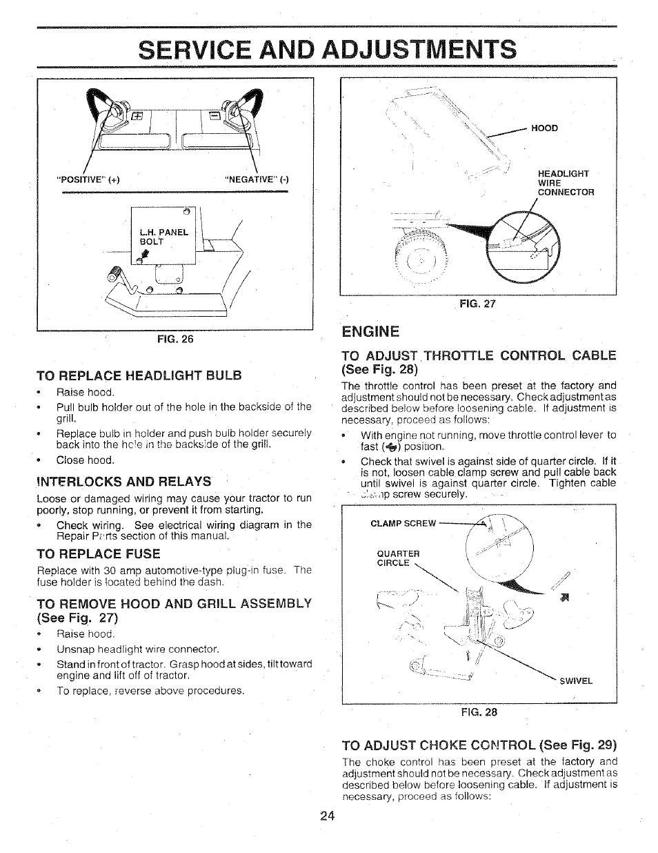 Service and adjustments, Engine | Sears 917.25147 User Manual | Page 24 / 56