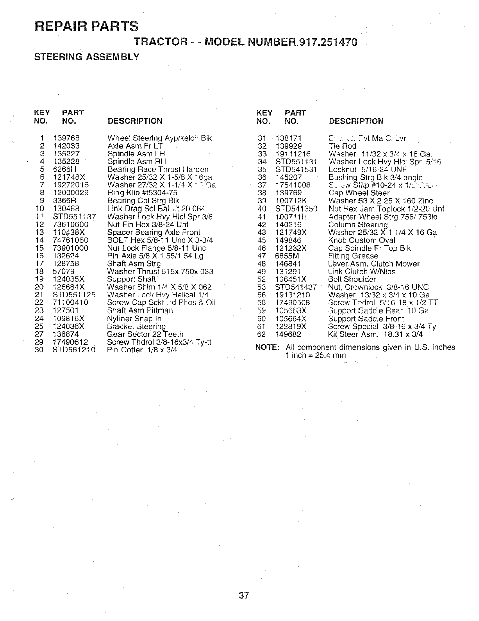 Repair parts, Steering assembly | Sears 917.25147 User Manual | Page 37 / 56