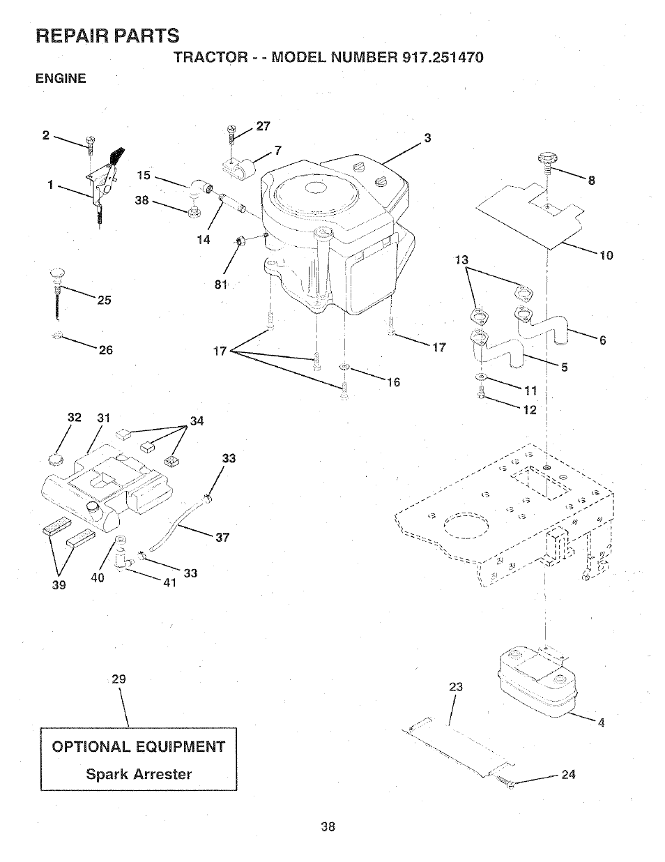 Optional equipment spark arrester, Repair parts | Sears 917.25147 User Manual | Page 38 / 56