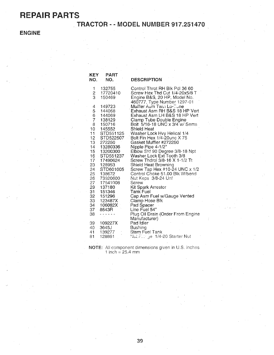 Engine, Parts, Repair | Sears 917.25147 User Manual | Page 39 / 56