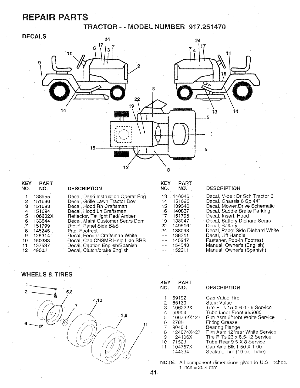 Decals, Wheels & tires, Repair parts | Sears 917.25147 User Manual | Page 41 / 56