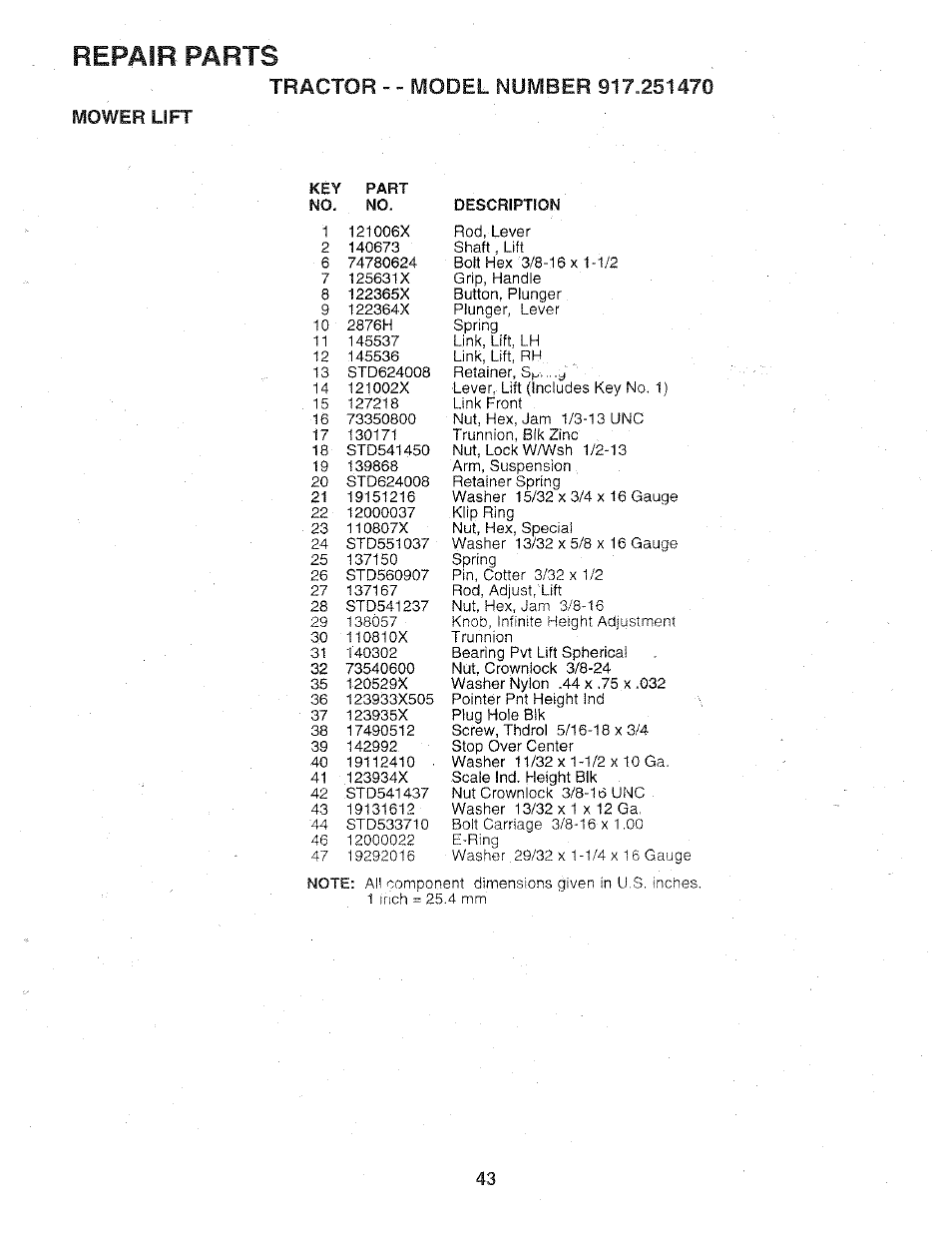 Repair parts, Mower lift | Sears 917.25147 User Manual | Page 43 / 56