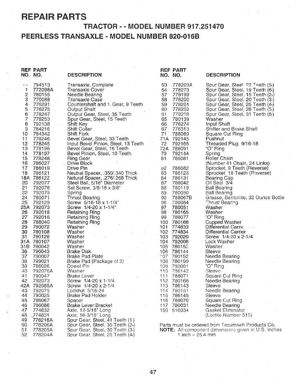 Repair parts | Sears 917.25147 User Manual | Page 47 / 56