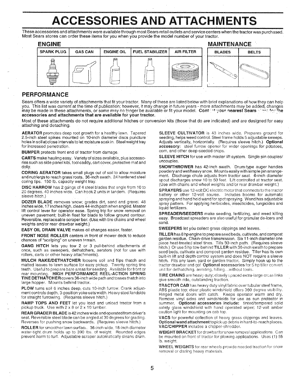 Accessories and attachments, Engine maintenance, Performance | Sears 917.25147 User Manual | Page 5 / 56