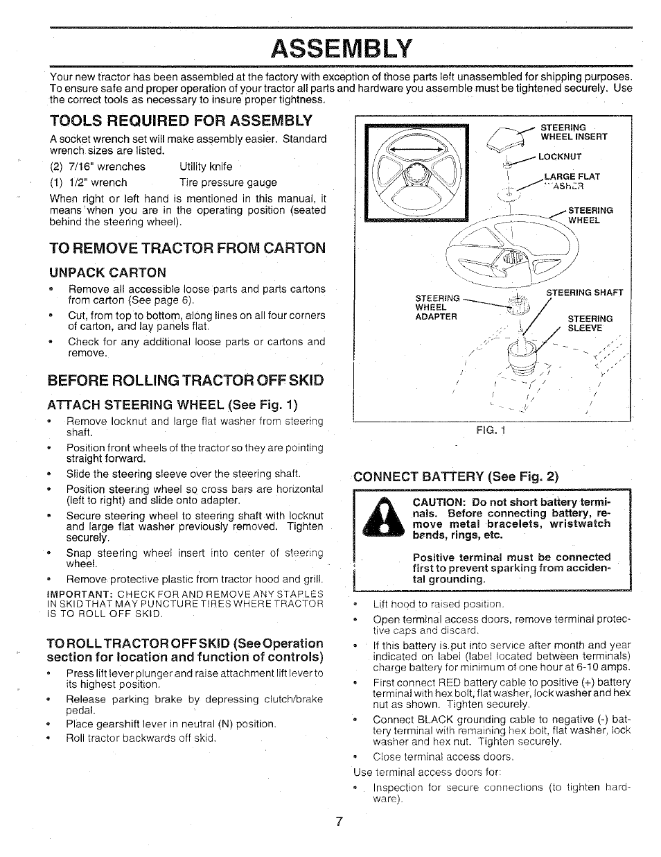 Tools required for assembly, Attach steering wheel (see fig. 1), Connect battery (see fig. 2) | Assembly, Before rolling tractor off skid | Sears 917.25147 User Manual | Page 7 / 56