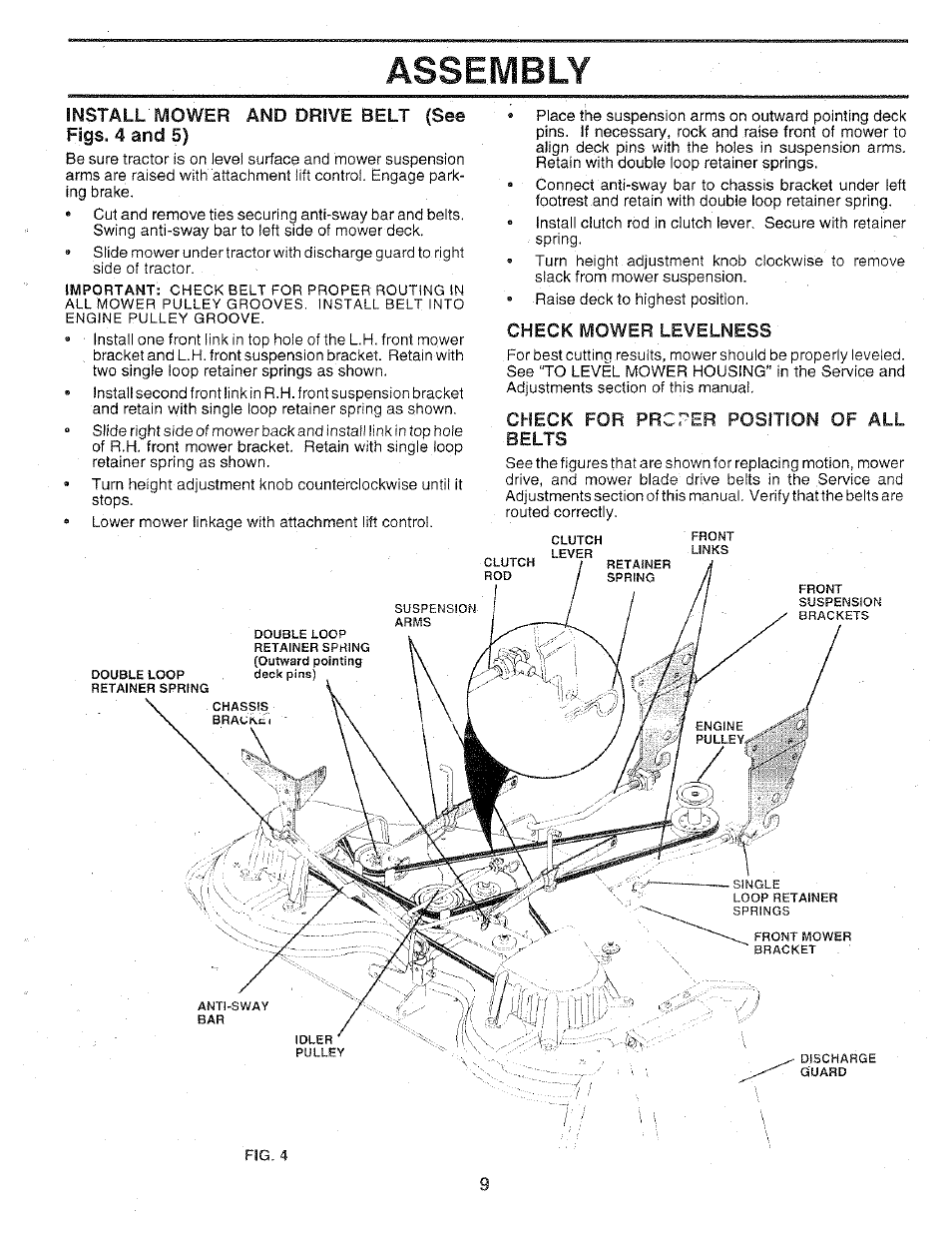 Install mower and drive belt (see, Check mower levelness, Check for prcter position of all belts | Assembly | Sears 917.25147 User Manual | Page 9 / 56