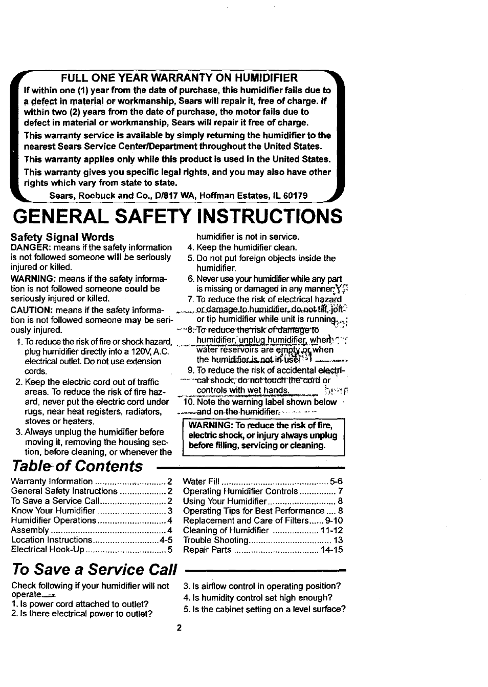 Table-of contents, To save a service call, General safety instructions | Sears KEMORE 758.144533 User Manual | Page 2 / 16