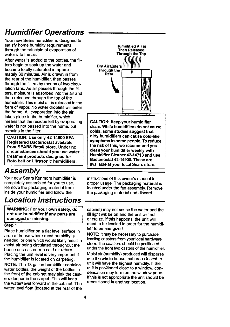 Humidifier operations, Assembiy, Location instructions | Assembly, Location instructions -5 | Sears KEMORE 758.144533 User Manual | Page 4 / 16