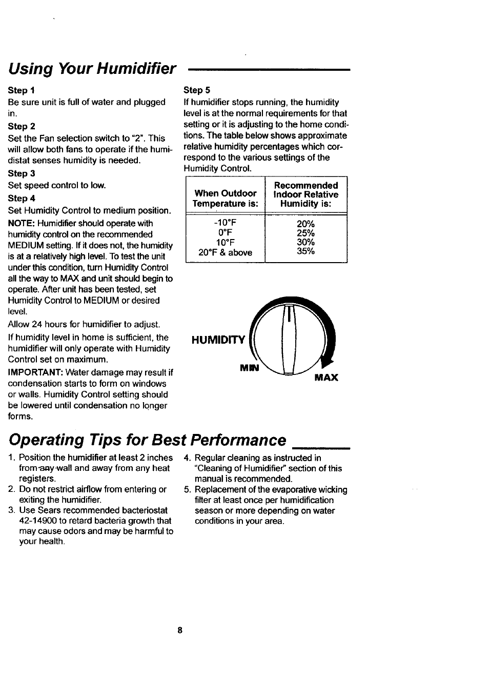 Using your humidifier, Steps, Operating tips for best performance | Sears KEMORE 758.144533 User Manual | Page 8 / 16