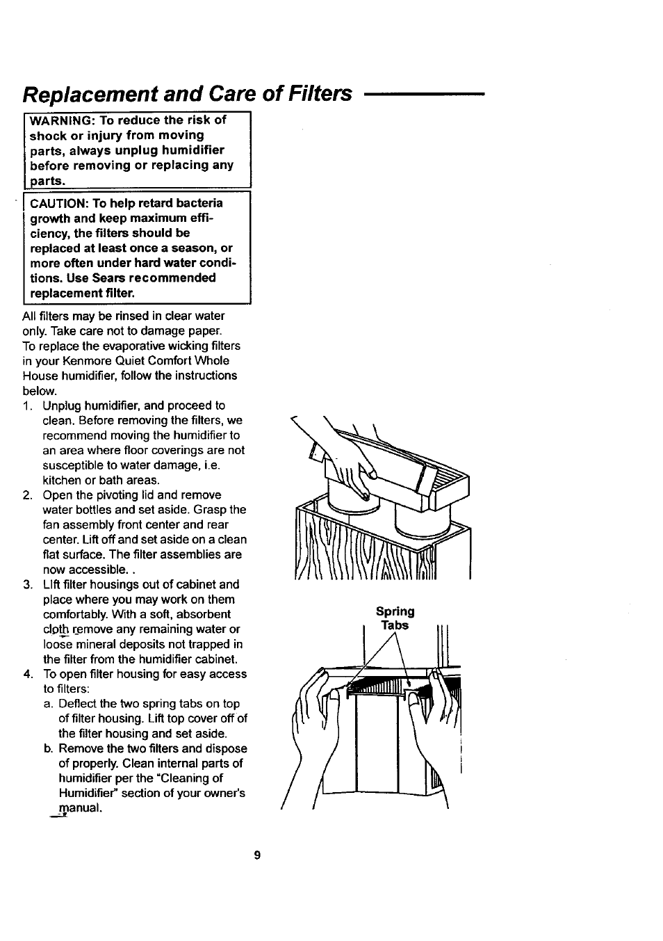 Replacement and care of filters, Replacement and care of filters -10 | Sears KEMORE 758.144533 User Manual | Page 9 / 16