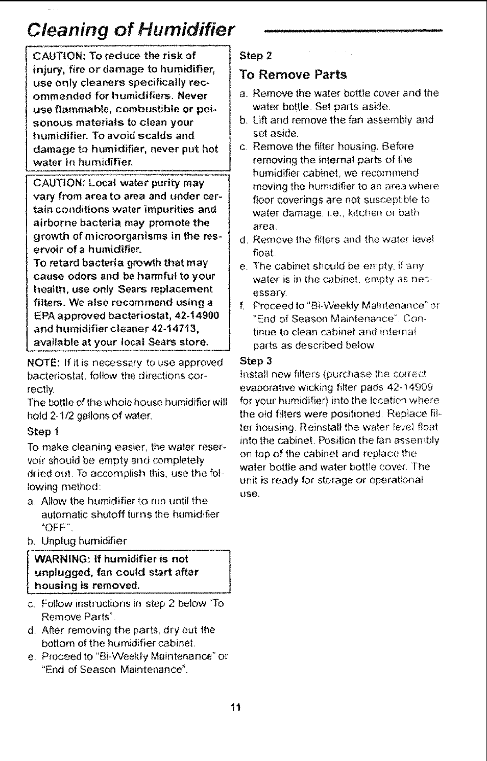 Cleaning of humídifíbr | Sears 758.14451 User Manual | Page 11 / 16