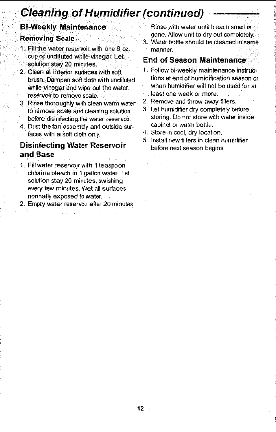 End of season maintenance, Biweekly maintenance, Disinfecting water reservoir and base | Sears 758.14451 User Manual | Page 12 / 16