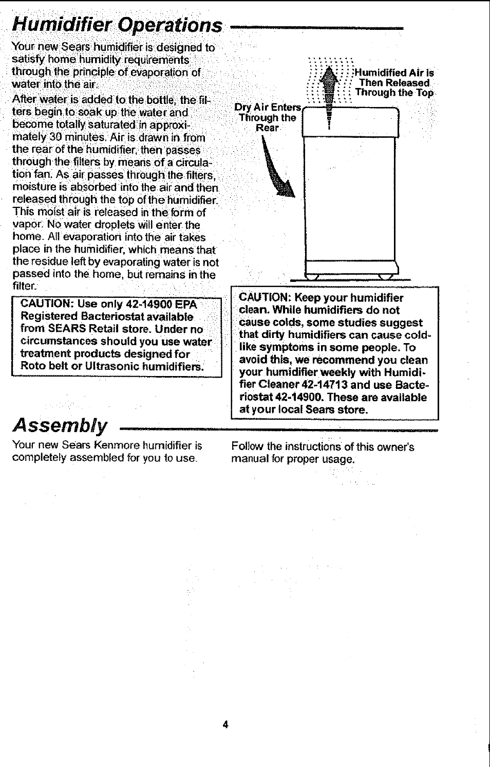 Humidifier operations, Assembly | Sears 758.14451 User Manual | Page 4 / 16