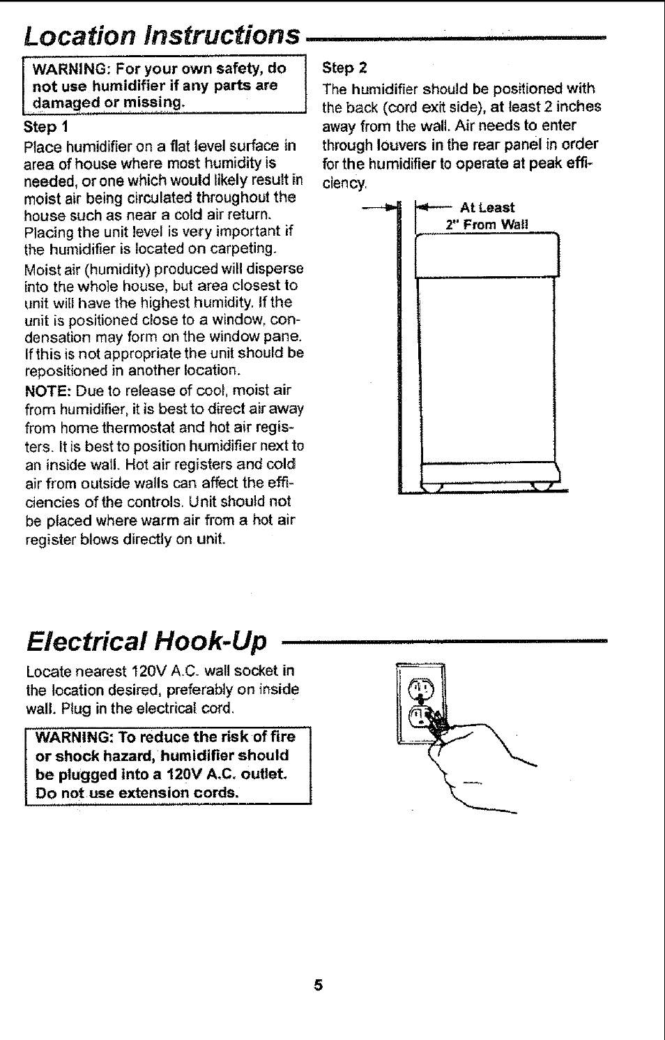 Location instructions, Electrical hook-up | Sears 758.14451 User Manual | Page 5 / 16