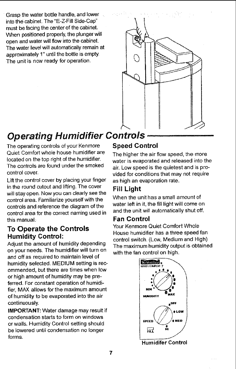 To operate the controls humidity control, Speed control, Fill light | Fan control, Operating humidifier controls | Sears 758.14451 User Manual | Page 7 / 16