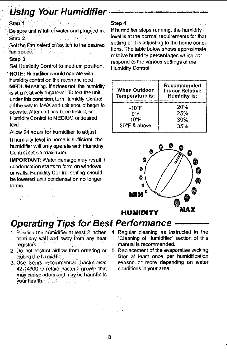 Using your humidifier, Operating tips for best performance | Sears 758.14451 User Manual | Page 8 / 16