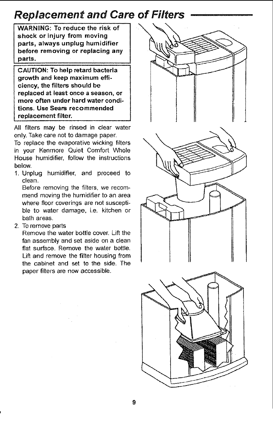 Repsacement and care of fiiters | Sears 758.14451 User Manual | Page 9 / 16