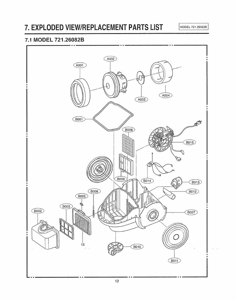 Exploded view/replacement parts list | Sears 721.26082B User Manual | Page 12 / 16