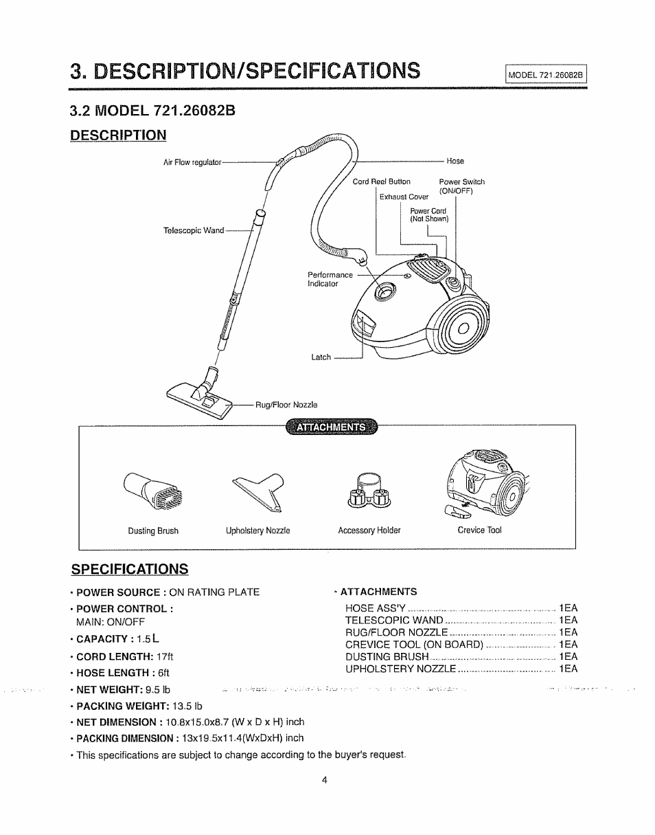 Description/specifications | Sears 721.26082B User Manual | Page 4 / 16