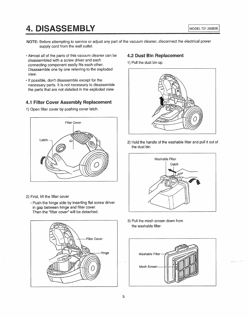 1 filter cover assembly replacement, 2 dust bin replacement, Disassembly | Sears 721.26082B User Manual | Page 5 / 16