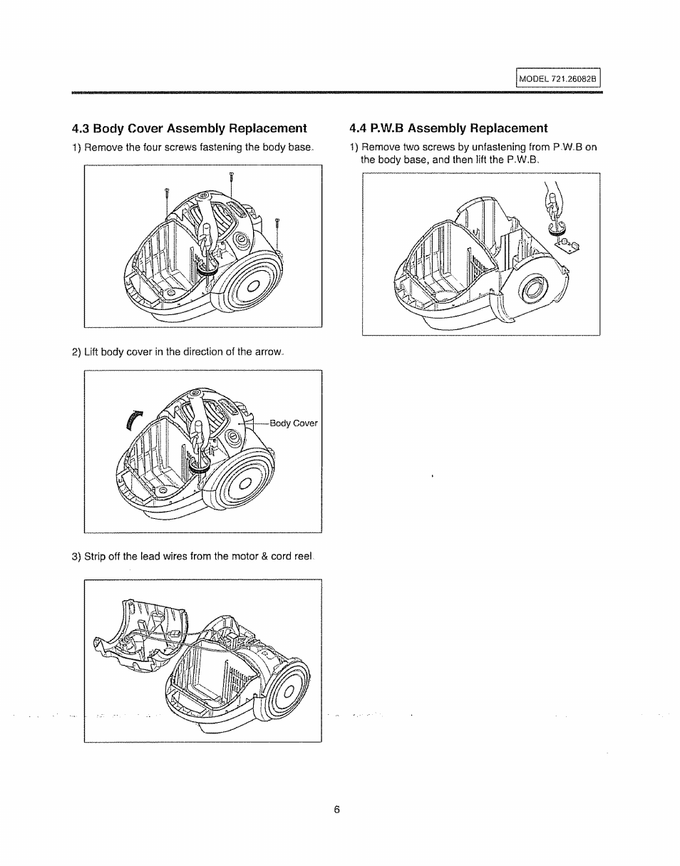 3 body cover assembly replacement, 4 p.w.b assembly replacement | Sears 721.26082B User Manual | Page 6 / 16