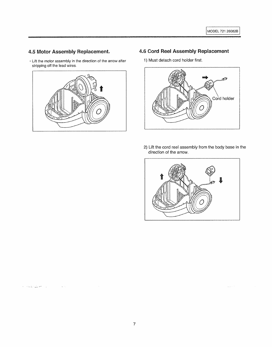 5 motor assembly replacement, 6 cord reel assembly replacement | Sears 721.26082B User Manual | Page 7 / 16