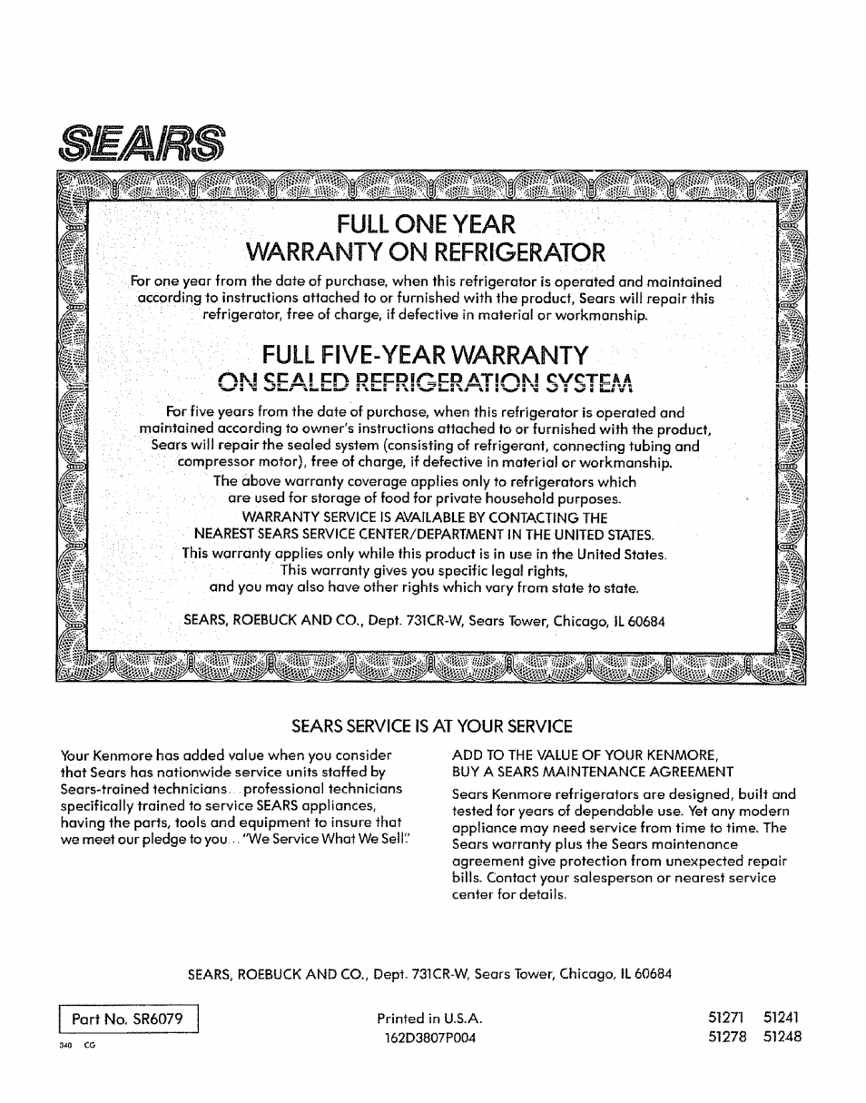 Fulloneyear, Warranty on refrigerator, Full five-year warranty | Ot4 sealed refrigeration system, Fulloneyear warranty on refrigerator | Sears 51271 User Manual | Page 16 / 16