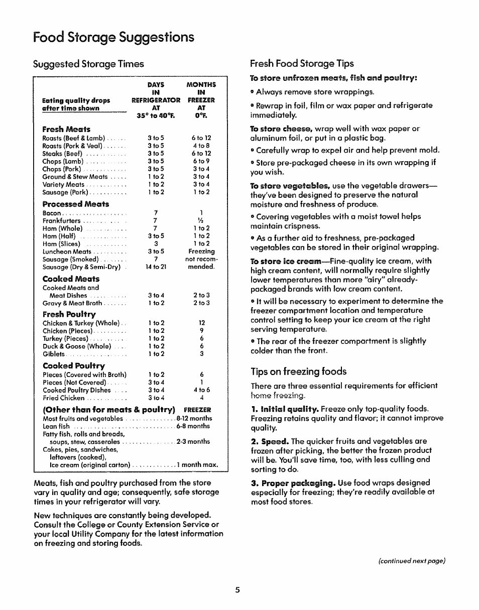 Food storage suggestions, Suggested storage times, Fresh food storage tips | Tips on freezing foods | Sears 51271 User Manual | Page 5 / 16
