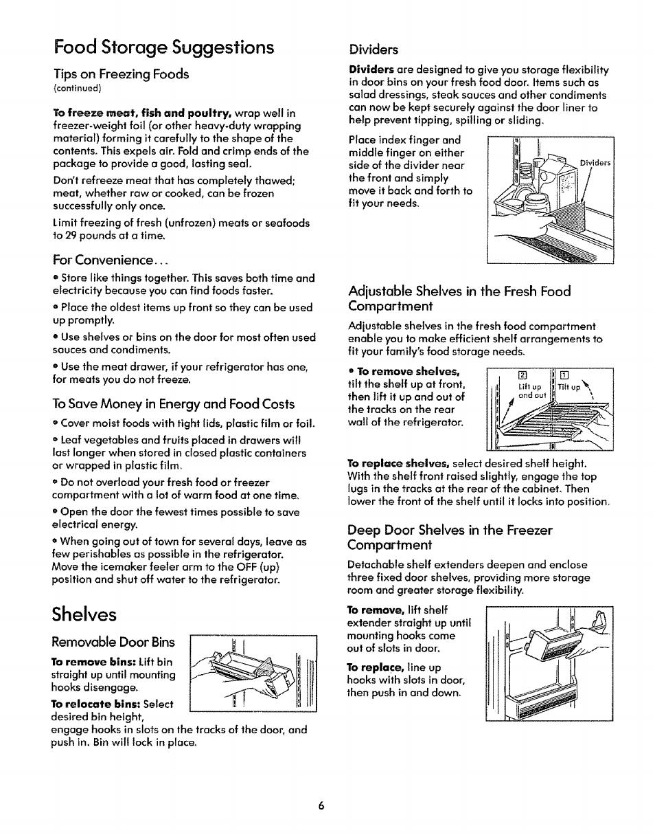 Food storage suggestions, Shelves | Sears 51271 User Manual | Page 6 / 16