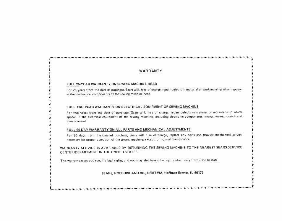 Warranty | Sears KENMORE 385.1915 User Manual | Page 107 / 108