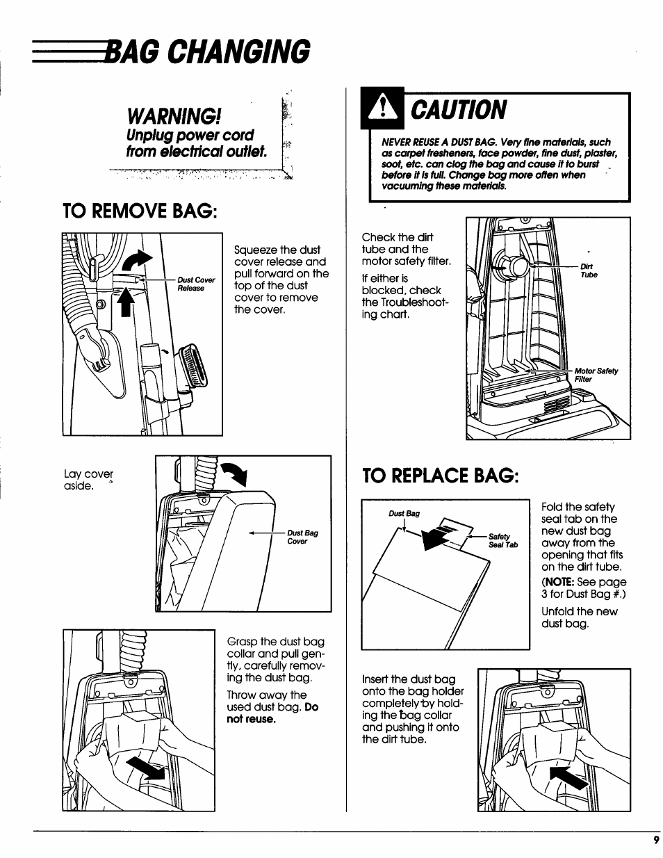 3ag changing, Caution, Bag changing -10 | Warning, Ag changing | Sears Vacuum Cleaner User Manual | Page 10 / 18