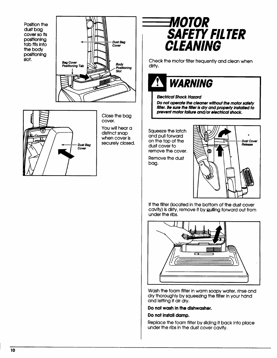 Otor, Safetyfilter, Cleamng | Warning, Otor safetyfilter cleamng | Sears Vacuum Cleaner User Manual | Page 11 / 18