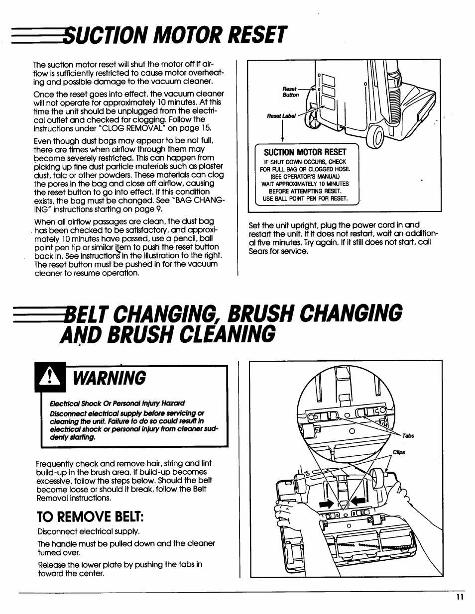 Suction motor resrt, Selt changing, brush changing, Warning | Suction motor reset, Selt changing, brush changing and brush cleaning | Sears Vacuum Cleaner User Manual | Page 12 / 18