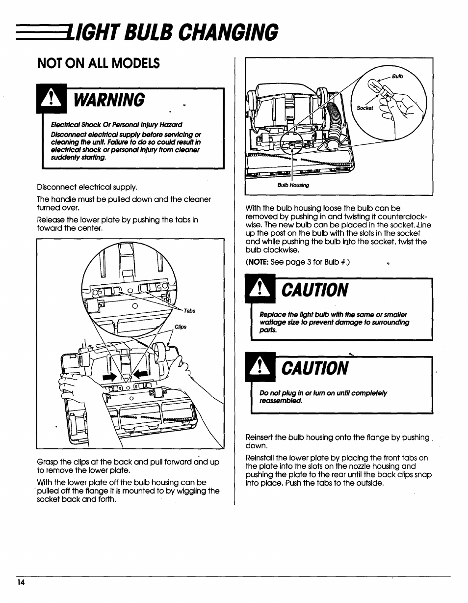 Mht bulb changing, Warning, Caution | Light bulb changing | Sears Vacuum Cleaner User Manual | Page 15 / 18