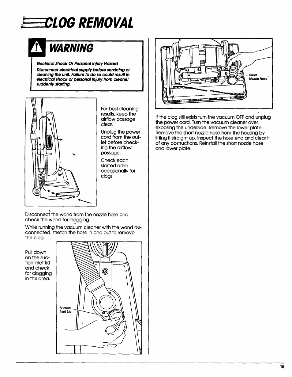 Vlog removal, Warning, Clog removal | Sears Vacuum Cleaner User Manual | Page 16 / 18