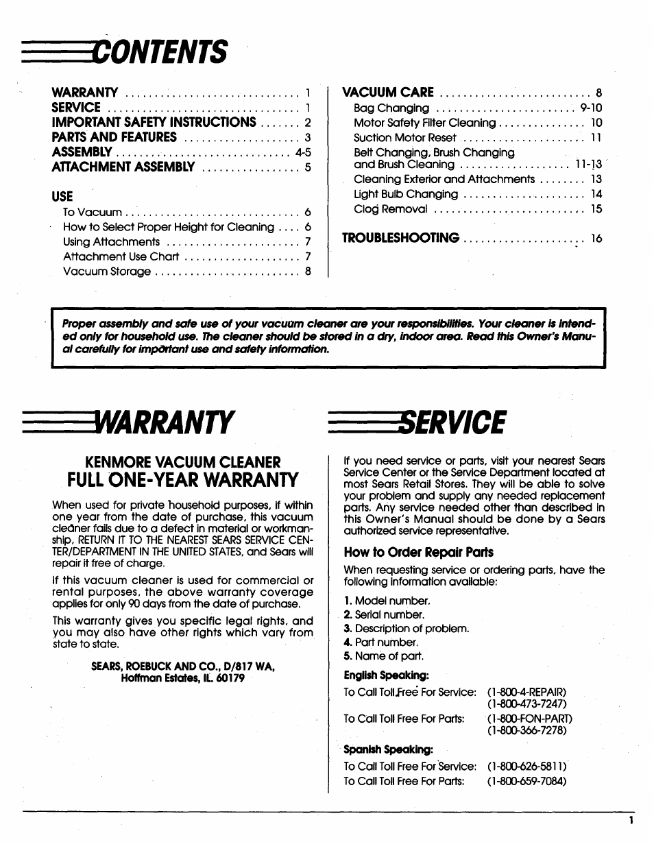 J)ontents, Warranty, Kenmore vacuum cleaner | Warranty service, Full one-year warranty | Sears Vacuum Cleaner User Manual | Page 2 / 18