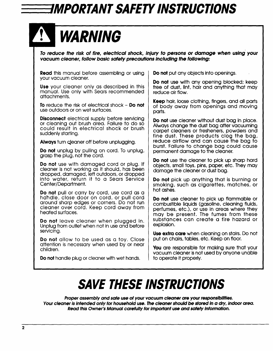 Jmportant safety instructions, Save these instructions, Important safety instructions | Warning | Sears Vacuum Cleaner User Manual | Page 3 / 18