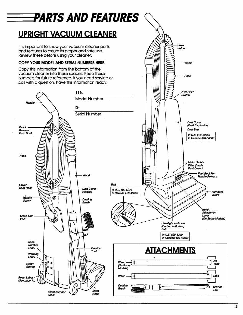 J>arts and features, Upright vacuum cleaner, Ahachments | Sears Vacuum Cleaner User Manual | Page 4 / 18