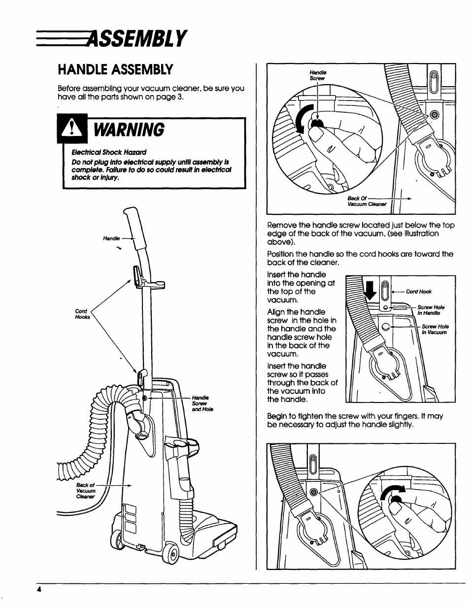 Assembly, Warning | Sears Vacuum Cleaner User Manual | Page 5 / 18