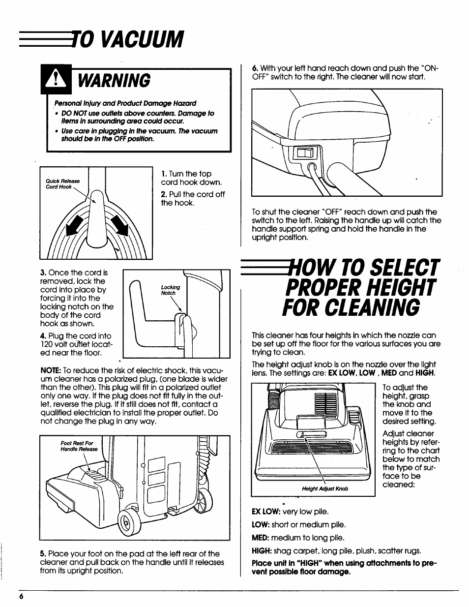 Jo vacuum, Warning, Low to select proper height for cleaning | To vacuum, Jo vacuum a | Sears Vacuum Cleaner User Manual | Page 7 / 18