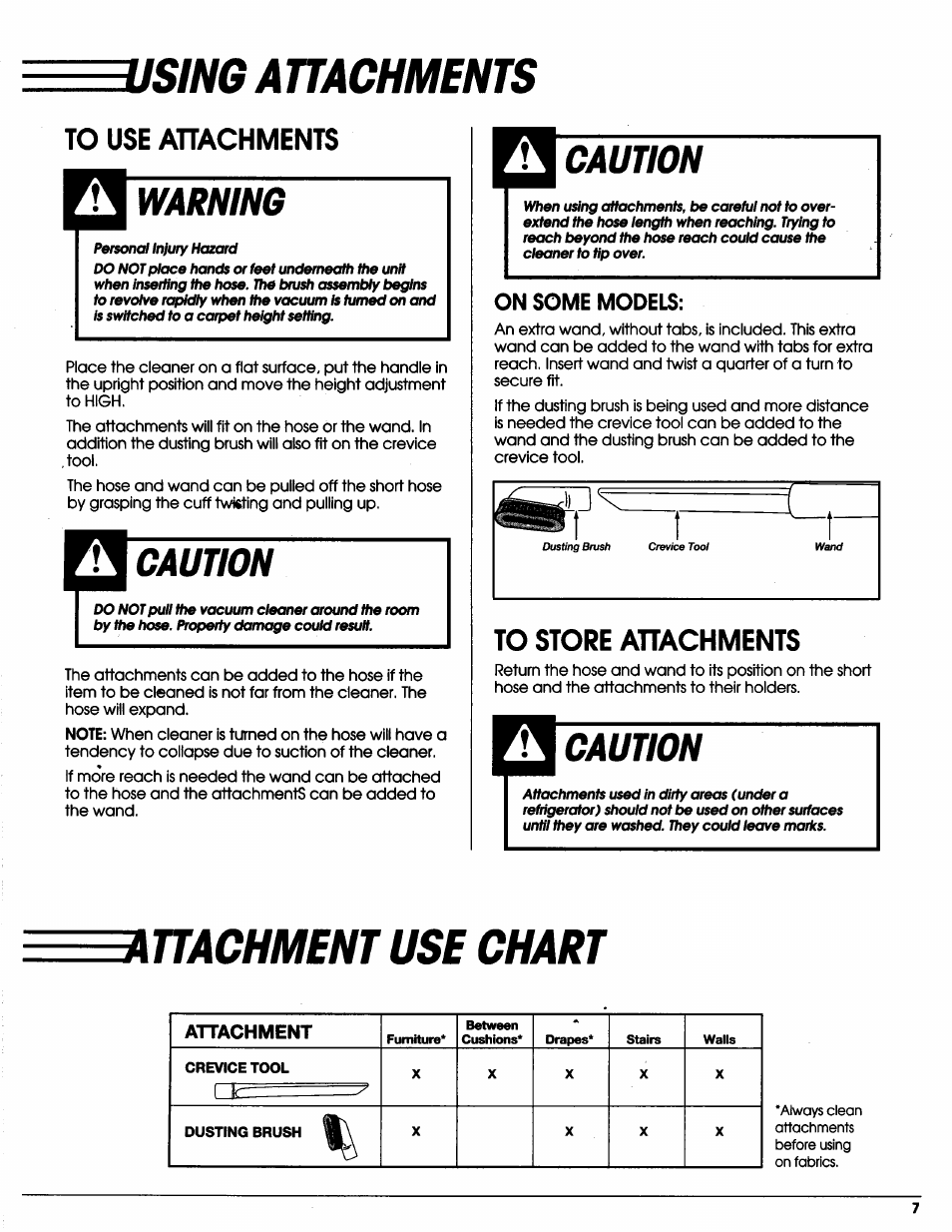 Vsêng auachments, Warning, Caution | On some models, Auachment use chart, Using attachments, Attachment use chart | Sears Vacuum Cleaner User Manual | Page 8 / 18