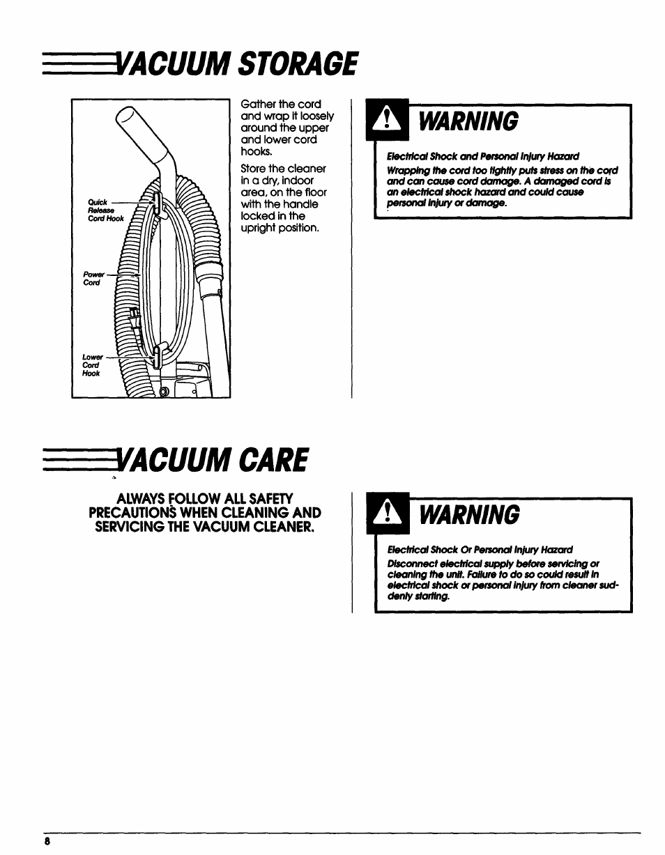 Vacuum storage, Warning, Vacuum care | Sears Vacuum Cleaner User Manual | Page 9 / 18