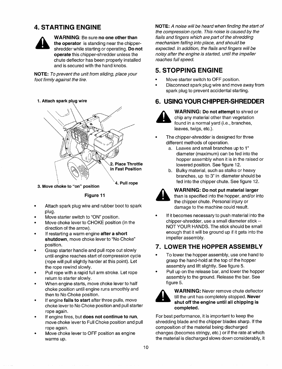 Starting engine, Stopping engine, Using your chipper-shredder | Sears Craftsman 247.77586 User Manual | Page 10 / 46