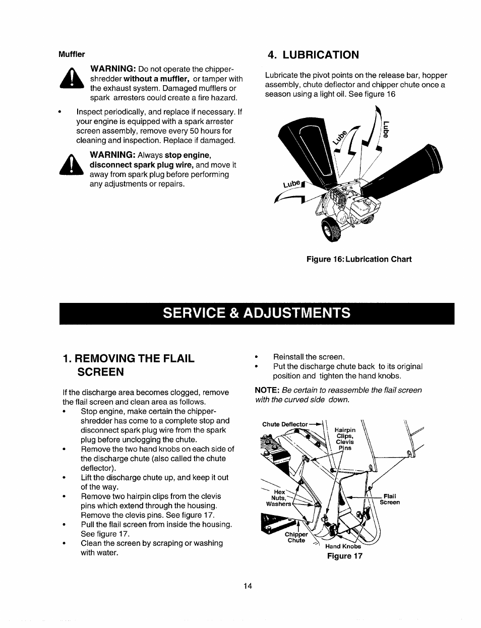Lubrication, Service & adjustments, Removing the flail screen | Sears Craftsman 247.77586 User Manual | Page 14 / 46