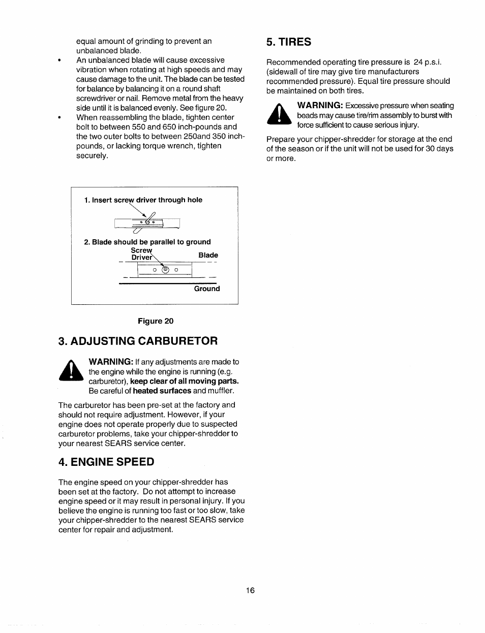 Tires, Adjusting carburetor, Engine speed | Sears Craftsman 247.77586 User Manual | Page 16 / 46